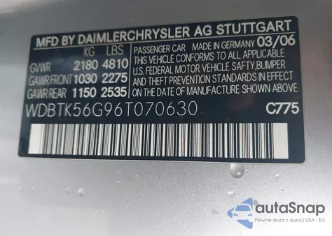 2006 Mercedes-Benz Clk 350 из США, поврежденный, VIN WDBTK56G96T070630